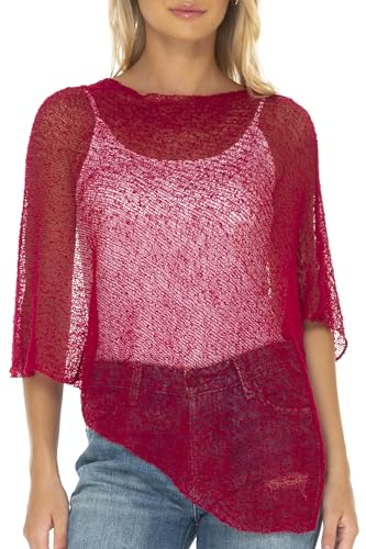 SHU-SHI - Damen Poncho-Top - transparent - leichtes Strickmaterial - Einheitsgröße - Kirschrot SHU-SHI - Damen Poncho-Top - transparent - leichtes Strickmaterial - Einheitsgröße - Kirschrot von SHU-SHI
