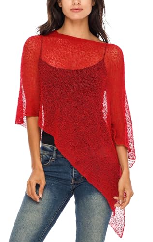 SHU-SHI - Damen Poncho-Top - transparent - leichtes Strickmaterial - Einheitsgröße - Rot von SHU-SHI