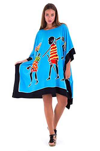 SHU-SHI - Damen Ponchokleid - ideal als Tunika für den Strand - kurz - zum Tragen über der Badekleidung - Oversize-Kaftan - Frauenmotiv - Türkis von SHU-SHI