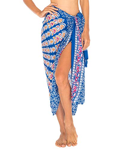 SHU-SHI - Damen Sarong für den Strand - zum Tragen über Badeanzügen & Bikinis - Mandala-Pfauenmuster - Einheitsgröße - Blau/Orange von SHU-SHI