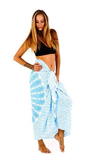 SHU-SHI - Damen Sarong für den Strand - zum Tragen über Badeanzügen & Bikinis - Mandala-Pfauenmuster - Einheitsgröße - Türkis/Weiß von SHU-SHI