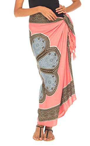 SHU-SHI - Damen Sarong mit Kokosnuss-Verschluss - zum Überziehen am Strand - Blumenmotiv - Koralle/Grau von SHU-SHI