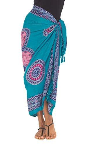 SHU-SHI - Damen Sarong mit Kokosnuss-Verschluss - zum Überziehen am Strand - Blumenmotiv - Türkis/Pink von SHU-SHI