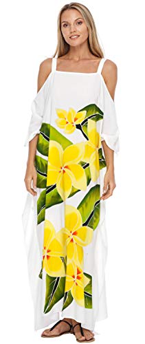 Shu-Shi Damen Kaftan Kleid Maxi Beach Cover Up Cold Shoulder Übergröße Caftan Floral Coverup - Weiß - Einheitsgröße von SHU-SHI