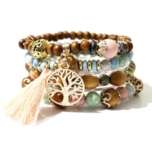 SHUBEIEUMI Boho Holzperlen Armband, 4 Stück Boho Quaste Armband für Damen, Frauen Baum des Lebens Charm Statement Armreifen, Statement Armreifen, Rosa von SHUBEIEUMI