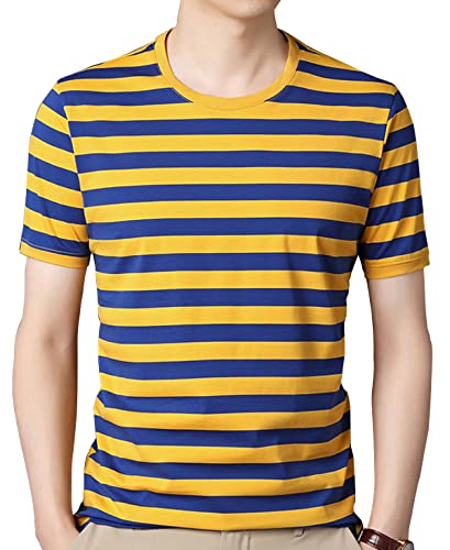 SHUIANGRAN Herren Gestreiftes T-Shirt Sport Baumwolle Shirts Klassische Passform Casual Pullover Lang/Kurzarm Rundhals Gestreifte Shirts, A#Blau und Gelb, Mittel von SHUIANGRAN