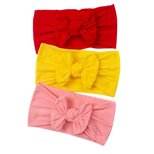 3-teiliges Set Stirnbänder Baby Mädchen Stretch Gestrickt Stirnband Haarband Schleife Haarband für Neugeborene Baby-Mädchen-Bögen Kopfbedeckung Elastische Haarbänder für (a-Red+Yellow+Pink, One Size) von SHUIYUE