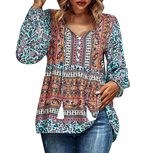 SHUIYUE Damen Casual Bohemian V-Ausschnitt Top Lose Blumendruck Langarm Strandhemd Bluse Bluse Damen Kurzarm Elegant (Blue, S) von SHUIYUE