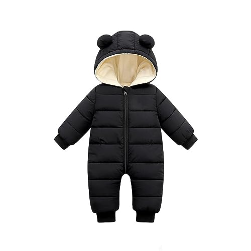 SHUIYUE Neugeborenes Baby Winter Overall Mit Kapuze Schneeanzüge Onesie Outfits Strampler Langarm Jungen und Mädchen Winteroverall Daunenmantel Winter Einteiliger Oberbekleidung (Black, 6-12 Months) von SHUIYUE