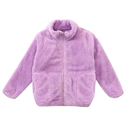 SHUIYUE Winter Kuscheljacke Fleecejacke Warme Winterjacke Kinder Mädchen Jungen Baby Teddyjacke mit Reißverschluss Langarm Stehkragen Einfarbig Kuscheljacke mit Taschen (Purple, 11-12 Years) von SHUIYUE