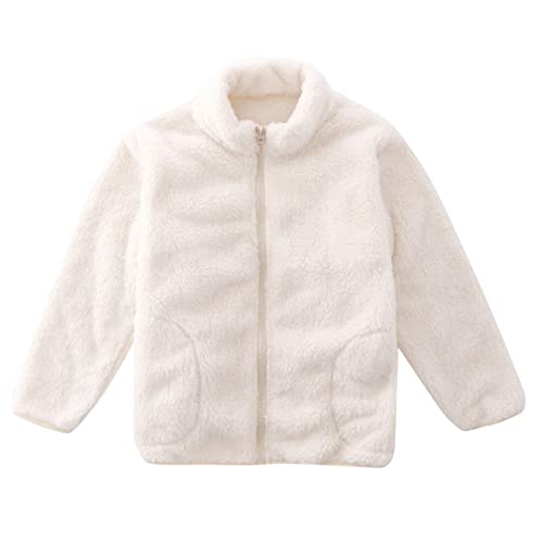 SHUIYUE Winter Kuscheljacke Fleecejacke Warme Winterjacke Kinder Mädchen Jungen Baby Teddyjacke mit Reißverschluss Langarm Stehkragen Einfarbig Kuscheljacke mit Taschen (White, 7-8 Years) von SHUIYUE