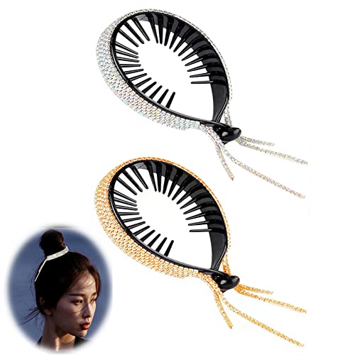 SHULLIN 2 Stück Pferdeschwanz Haarklammern Große Haarklammer Rutschfest Haarspangen Klaue Clips Strass Haarnadel Quaste Haarnadel Haar Accessoires für Frauen Damen Mädchen（Bunt,Golden） von SHULLIN