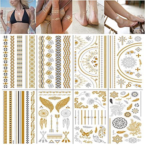 SHULLIN Metallic temporäre Tattoos 10 Blätter Mandala Klebe Tattoos Wasserdichte Metallic Flash Tattoos in Gold und Silber Schmuck Tattoos Über 100 Typen für Frauen Mädchen Body Art von SHULLIN