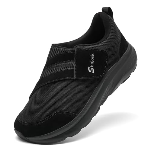 SHULOOK Diabetiker Schuhe Herren Extra WeitSchuhe für Geschwollene Füße Senior Schuhe mit Klettverschluss 2E (Schwarz 43.5 EU) von SHULOOK