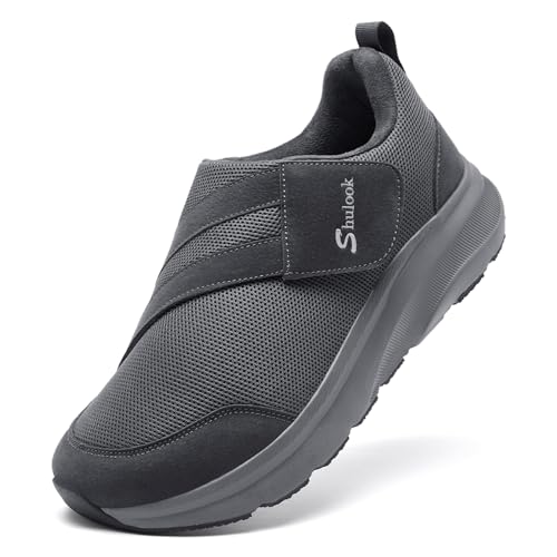 SHULOOK Diabetiker Schuhe Herren Extra WeitSchuhe für Geschwollene Füße Senior Schuhe mit Klettverschluss 2E (Grau 42 EU) von SHULOOK