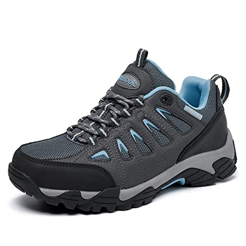 SHULOOK Wanderschuhe Damen Wasserdicht Leicht Trekkingschuhe Damen rutschfeste Stiefeletten Bergschuhe Outdoor Schuhe Damen Sneaker für Camping,Hiking,Angeln (Grau Blau EU 37 von SHULOOK