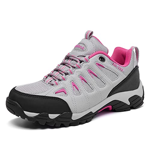 SHULOOK Wanderschuhe Damen Wasserdicht Leicht Trekkingschuhe Damen rutschfeste Stiefeletten Bergschuhe Outdoor Schuhe Damen Sneaker für Camping,Hiking,Angeln (Grau Rosa EU 41) von SHULOOK