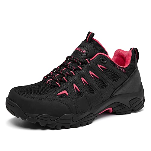 SHULOOK Wanderschuhe Damen Wasserdicht Leicht Trekkingschuhe Damen rutschfeste Stiefeletten Bergschuhe Outdoor Schuhe Damen Sneaker für Camping,Hiking,Angeln (Schwarz Rot EU 36) von SHULOOK