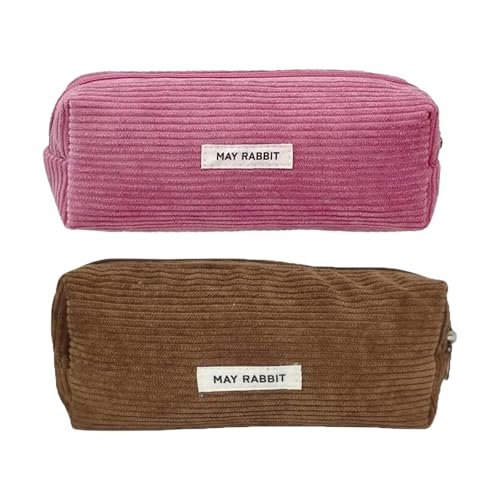 SHUOHONG 2 Stück Federmäppchen Cord-Stoff, Waschbar Stiftemäppchen, Tragbares Federmäppchen mit Reißverschluss, Aesthetic Federmäppchens, Pencil Case für Teenager (Lotuswurzelpulver+Braun) von SHUOHONG