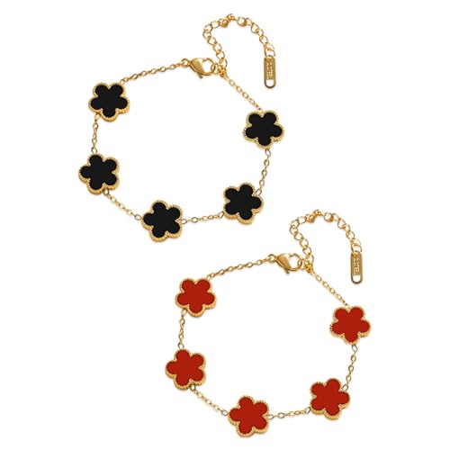 SHUOHONG 2 Stück Vierblättriges Kleeblatt Armband, Glücksarmband Damen Armbänder Kleeblatt Schmuck Set, Glücksarmband Friendship Bracelet, für Frauen Geburtstag Valentinstag Weihnachten (Rot+Schwarz) von SHUOHONG