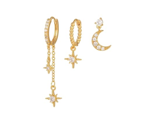 SHUOHONG 3 Stück Ohrringe Set für Mehrere Ohrlöcher, Vergoldet Ohrstecker Set Mond und Die Sterne, Klein Creolen mit Anhänger, Klein Zirkonia Ohr Schmuck, Stern Ohrringe für Frauen und Mädchen (Gold) von SHUOHONG