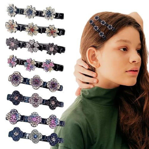 SHUOHONG 8 Stück Glitzernde Kristall-Stein Geflochtene Haarspangen Damen, Vierblättrige Kleeblatt Haarnadeln, Kristall Haarspange Blume, Haarklammern, Bobby Pins, Haarklemmen Damen für Festes Styling von SHUOHONG