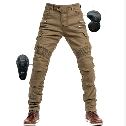 SHUOJIA Herren Motorradhose Jeans mit Schutz Motorrad Biker Pant 4 X Schutzausrüstung (Khaki, Größe M) von SHUOJIA