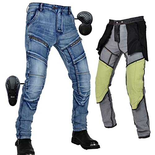 SHUOJIA Motorrad-Jeanshose Für Herren,Reißfester Sturzfeste Jeans mit Abnehmbar Rüstung Knie-Hüftpolster, Motorradhose Für Motorradrennfahrer (Blue,S) von SHUOJIA