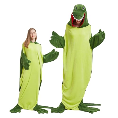 SHUOJIA Pterygoid Krokodil Blanket,Flanell Tragbare Decke mit Ärmeln und Hut,Unisex Krokodil Pyjamas, verbreiterende Mund & Füße Schlafsack für Erwachsene und Kinder Geschenke (Crocodile-Green,S) von SHUOJIA