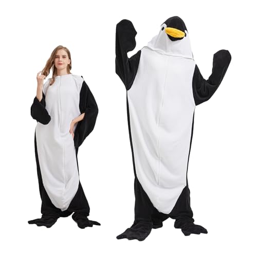 SHUOJIA Pterygoid Krokodil Blanket,Flanell Tragbare Decke mit Ärmeln und Hut,Unisex Krokodil Pyjamas, verbreiterende Mund & Füße Schlafsack für Erwachsene und Kinder Geschenke (Penguin-Black,S) von SHUOJIA