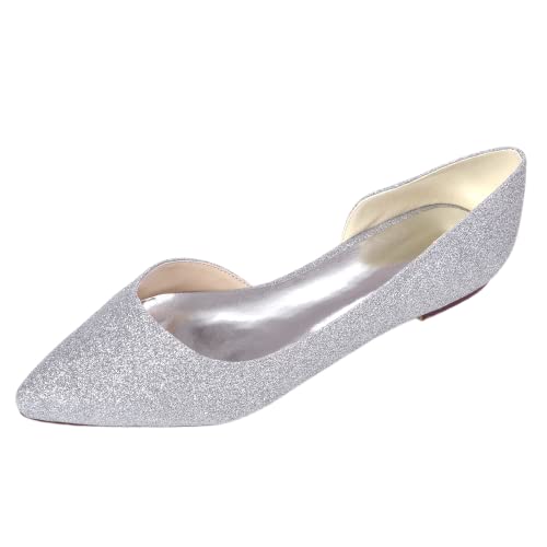SHUTUP.DANCE Damen Glitzer Hochzeitsschuhe Flache Pumps Spitze Zehenpartie Dorsay Slip On, silber, 40.5 EU von SHUTUP.DANCE