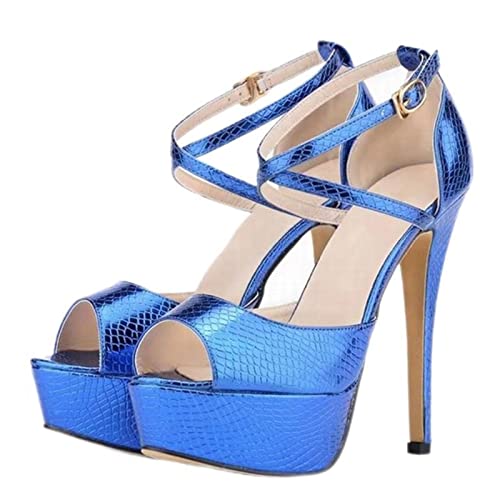 14 cm High Heels Damen Goldene Sandalen Sexy Krokodil-Maserung Knöchelschnalle Riemen Plateau Pumps Sommerschuhe - Blau, 39 von SHUXI