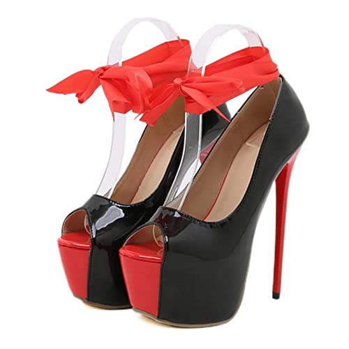 Frühling Herbst Rot Knöchelriemen Plateau Frauen Pumps Sexy Peep Toe Slingback High Heels Stiletto Mode Schuhe - Schwarz, 41 von SHUXI