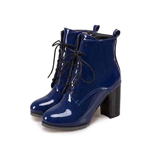 Modische Stiefeletten für Damen, Schuhe, High Heels, kurze Stiefel, Lack-Schnürung, Damen, Stiefeletten, blau, rot, schwarz, große Größe, blau, 37 von SHUXI