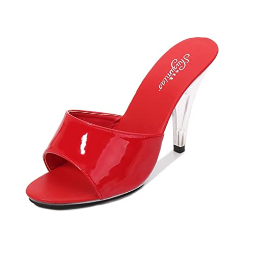 SHUXI Bonbonfarben, transparenter Absatz, Damen-Hausschuhe, Lackleder, offene Zehenpartie, lässige High Heels, 7–10 cm, Stiletto-Absätze, Rot, 10 cm, 38 von SHUXI