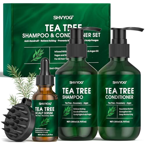 Teebaum-Shampoo- und Spülungsset, mit 100% reinem Teebaumöl gegen Kopfhautpilz, lindert juckende Kopfhaut und Schuppen, fördert das Haarwachstum, 3-teiliges Set für Männer und Frauen, 200 ml*2 + 30ml von SHVYOG