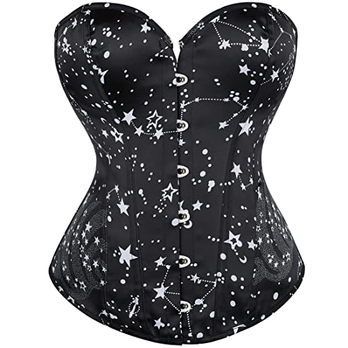 Damen Schnürkorsett Top Stahlstäbchen Overbust Body Shaper Bustier Astronomie Print, Schwarzer Astronomie-Druck, X-Large von SHYMMUO