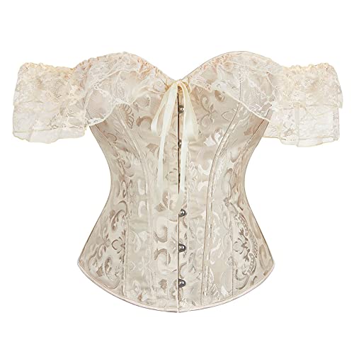 Korsetts für Frauen Spitze Kurzarm Korsett Top Sexy Bustier Dessous Taille Cincher Kostüm Tops, beige, Small von SHYMMUO