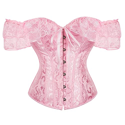 SHYMMUO Damen-Korsett-Oberteil mit Spitzenärmeln, Schnürung, sexy Bustier, Dessous, Taillentrainer, Kostüm, Tops, Pink, Large von SHYMMUO