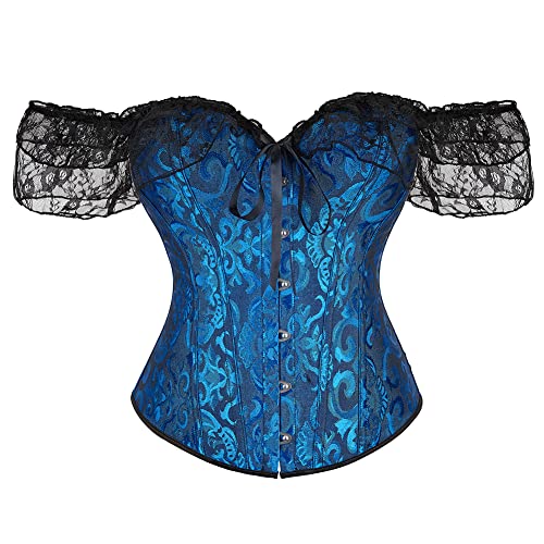 SHYMMUO Frauen Korsett Top mit Spitze Ärmel Lace Up Sexy Bustier Dessous Taille Trainer Kostüm Tops, blau / schwarz, Medium von SHYMMUO