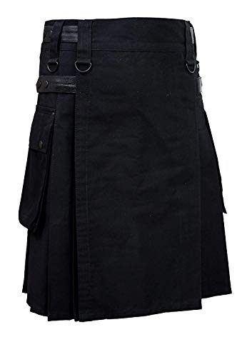 SHYNE KILTS U.K Herren Schwarz Lederriemen Mode Sport Utility Kilt Deluxe Kilt Verstellbar Größen - Schwarz, Schwarz, 36" von SHYNE