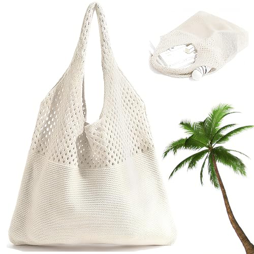 SHYSBV Damen Gehäkelte Mesh Strand Tote Bag, Beige Stricktasche Schultertasche, Gehäkelte Tasche, Strandtasche Gehäkelt, Häkeltasche, für Urlaub Reisen Frühling Sommer und Alltag von SHYSBV