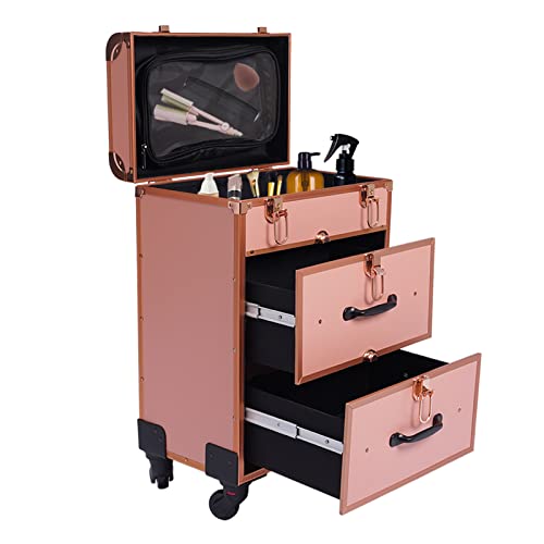 Rollender Schminkkoffer, großer Kosmetiktrolley mit Schlössern, Schminktasche mit Unterteilungen, Kosmetikaufbewahrungs-Organizer für unterwegs Make-up/Nagelkunst/Haarstyling (Gold) von SHZICMY