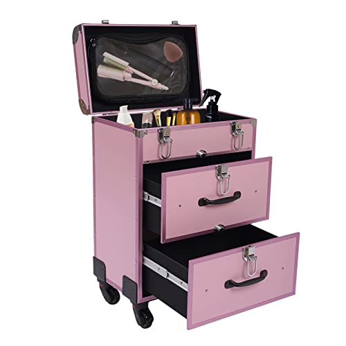 Rollender Schminkkoffer, großer Kosmetiktrolley mit Schlössern, Schminktasche mit Unterteilungen, Kosmetikaufbewahrungs-Organizer für unterwegs Make-up/Nagelkunst/Haarstyling (Rosa) von SHZICMY