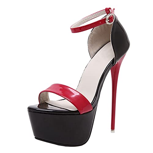 16CM/6.30IN Damenmode Klassische Knöchelriemen Heels Peep Toe Plattform Schnalle Riemchen High Heels Sandalen Pumps Pole Dancer Stripper Partykleid Abend,Rot,42 EU von SHbfyFU