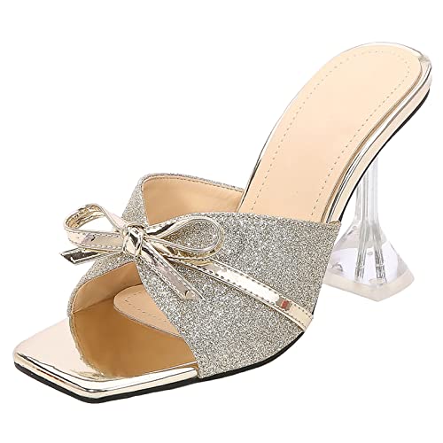 9CM/3.54IN Damenmode Temperament Persönlichkeit einfarbig Bogenknoten Quadratischer Kopf Peep Toe Wedges Sandalen High Heels Pumps Pole Dance Stripper Party Sandalen,Gold,45 EU von SHbfyFU