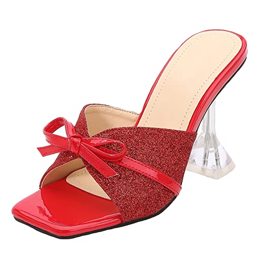 9CM/3.54IN Damenmode Temperament Persönlichkeit einfarbig Bogenknoten Quadratischer Kopf Peep Toe Wedges Sandalen High Heels Pumps Pole Dance Stripper Party Sandalen,Rot,46 EU von SHbfyFU