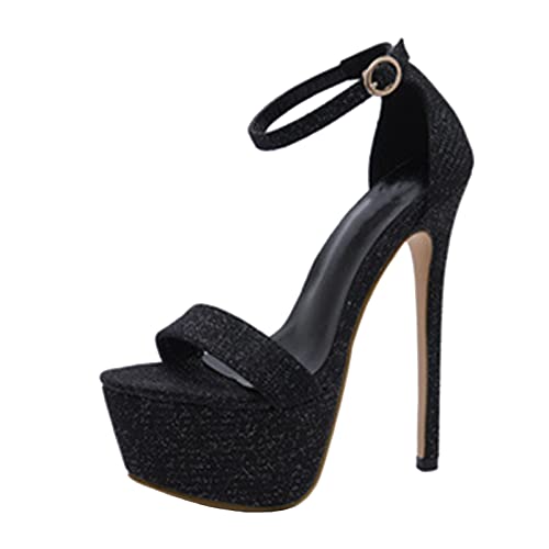 SHbfyFU 16CM/6.30IN Damenmode Klassische Knöchelriemen Heels Peep Toe Plattform Schnalle Riemchen High Heels Sandalen Pumps Pole Dancer Stripper Partykleid Abend,Schwarz,46 EU von SHbfyFU