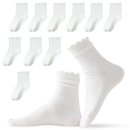 SI SEN Baumwolle Gestrickt Crew Söckchen, Gestrickt Socken Mit, Rüschen Socken, für Damen und Mädchen, 36-39 (Weiß) von SI SEN