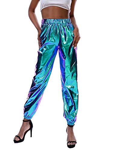 SIAEAMRG Damen-Jogginghose, glänzend, Metallic, hohe Taille, Stretch, Wet-Look, Holografische Hose, Sweatpant - Blau - Groß von SIAEAMRG